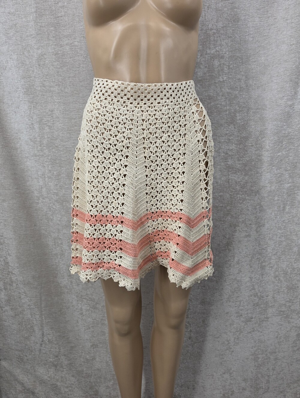 Vintage Crochet Lace Knit Waist Apron Cream and Peach Coral Handmade
